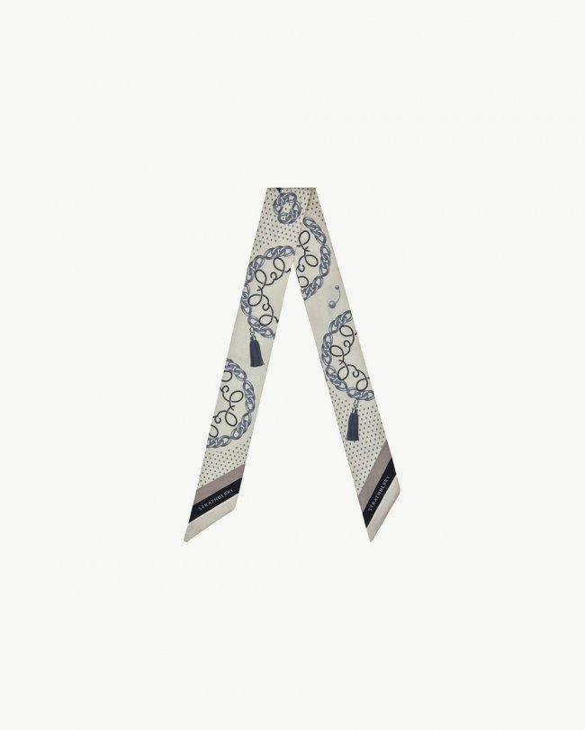 Strathberry Canada Outlet Women's Silk Skinny Scarf - White / Grey Strathberry Canada Outlet Women's Silk Skinny Scarf - White / Grey