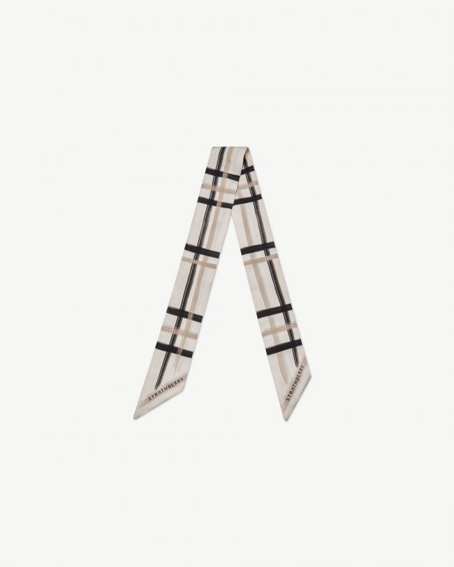 Strathberry Canada Outlet Women's Silk Skinny Scarf - Neutrals / White / Black Strathberry Canada Outlet Women's Silk Skinny Scarf - Neutrals / White / Black