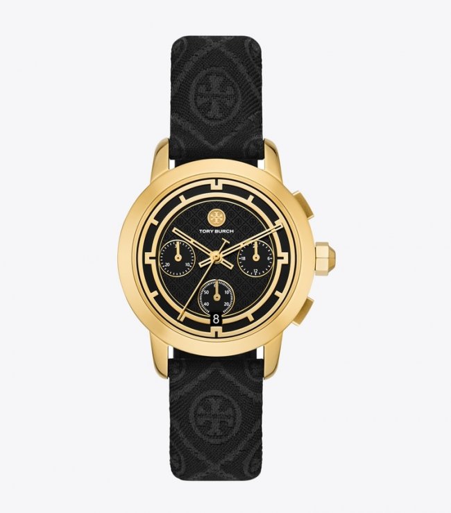 TORY BURCH TORY CHRONOGRAPH WATCH, T MONOGRAM JACQUARD/ LEATHER/ GOLD-TONE STAINLESS STEEL - Black/Gold/Black T Monogram Jacquard | Free Shipping