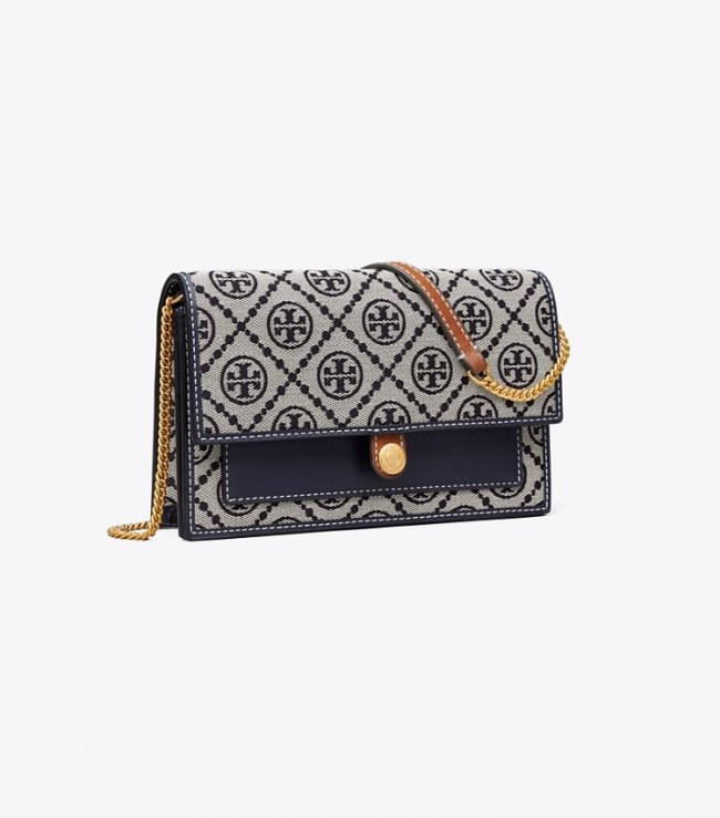 TORY BURCH T MONOGRAM JACQUARD CHAIN WALLET - Tory Navy | Free Shipping