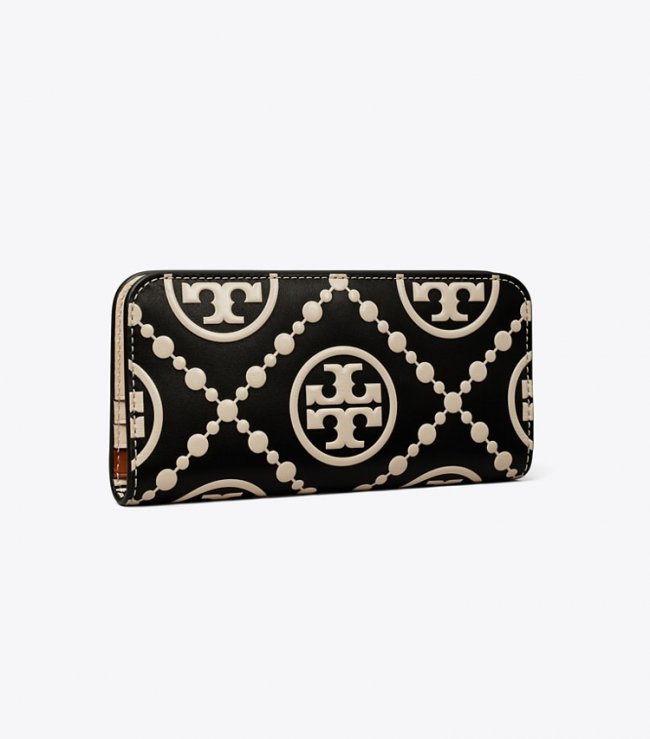 TORY BURCH T MONOGRAM CONTRAST EMBOSSED ZIP SLIM WALLET - Black / New Cream | Free Shipping