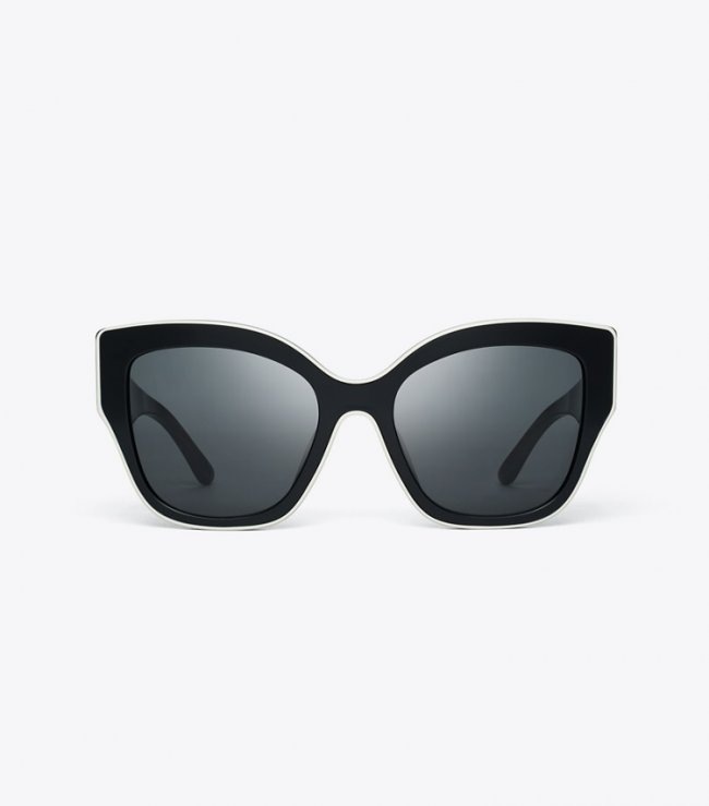 TORY BURCH OVERSIZED CAT-EYE SUNGLASSES - Black W/Ivory Piping/Solid Grey | Free Shipping