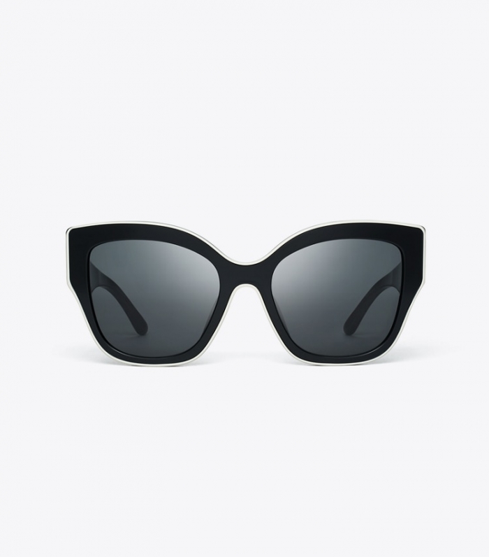 TORY BURCH OVERSIZED CAT-EYE SUNGLASSES - Black W/Ivory Piping/Solid Grey | Free Shipping