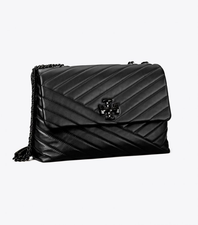 TORY BURCH KIRA CHEVRON CONVERTIBLE SHOULDER BAG - Black / Silver | Free Shipping