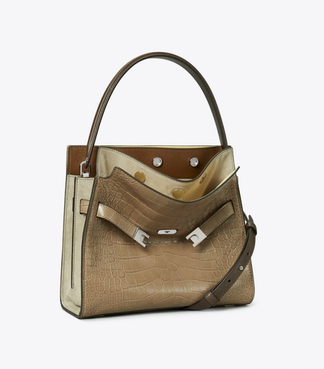 TORY BURCH SMALL LEE RADZIWILL EMBOSSED DOUBLE BAG - Brown Shale | Free Shipping