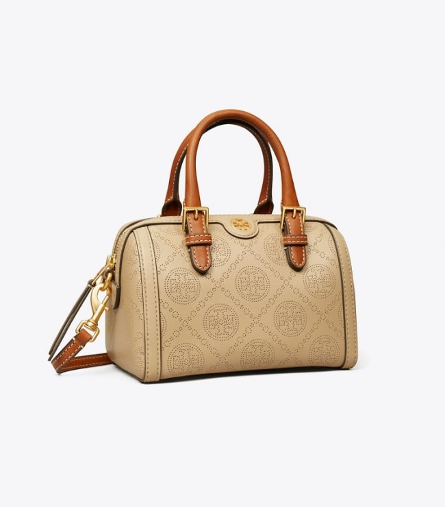 TORY BURCH T MONOGRAM PERFORATED MINI BARREL BAG - Almond Flour | Free Shipping