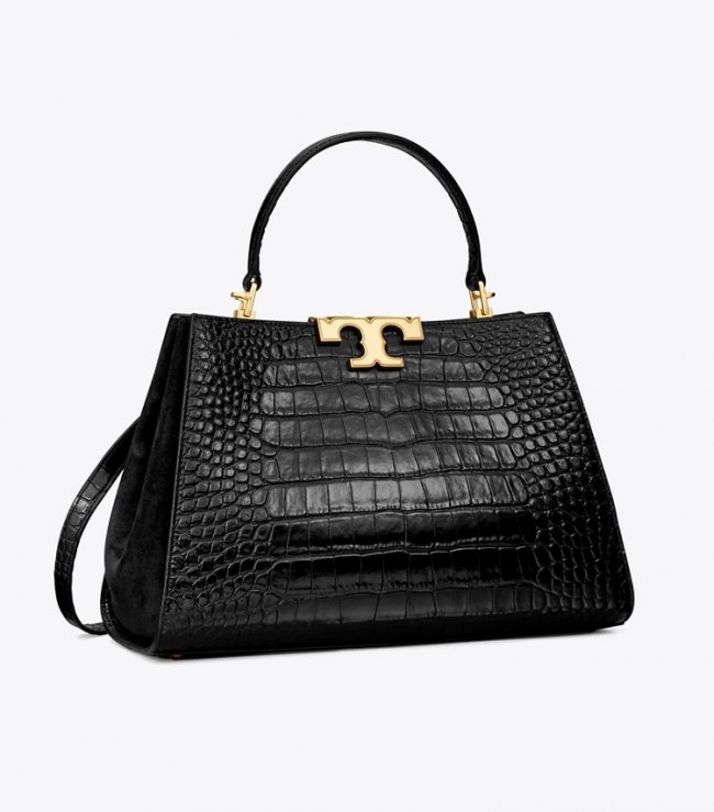 TORY BURCH ELEANOR CROC-EMBOSSED SATCHEL - Black | Free Shipping