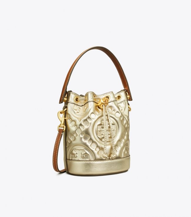TORY BURCH T MONOGRAM EMBOSSED METALLIC MINI BUCKET BAG - Gold | Free Shipping