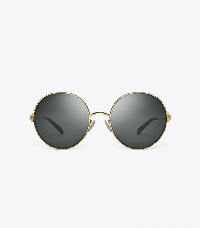 TORY BURCH ELEANOR METAL ROUND SUNGLASSES - Shiny Gold/Dark Grey | Free Shipping
