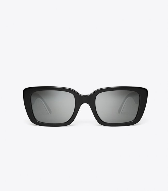 TORY BURCH MILLER RECTANGULAR SUNGLASSES - Black White Trilayer/Grey Silver Mirror | Free Shipping