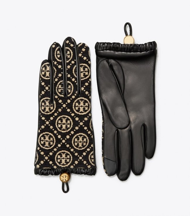 TORY BURCH T MONOGRAM CHENILLE GLOVES - Black / New Cream | Free Shipping