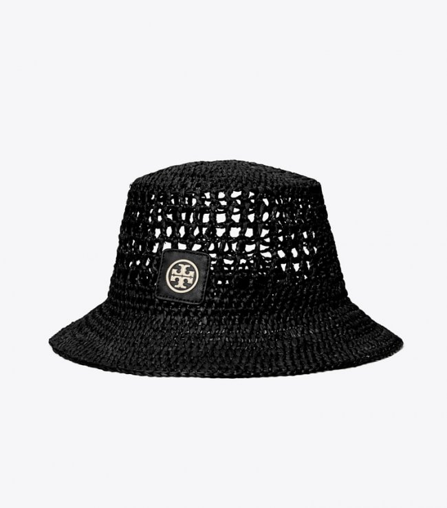 TORY BURCH RAFFIA BUCKET HAT - Black / Black | Free Shipping