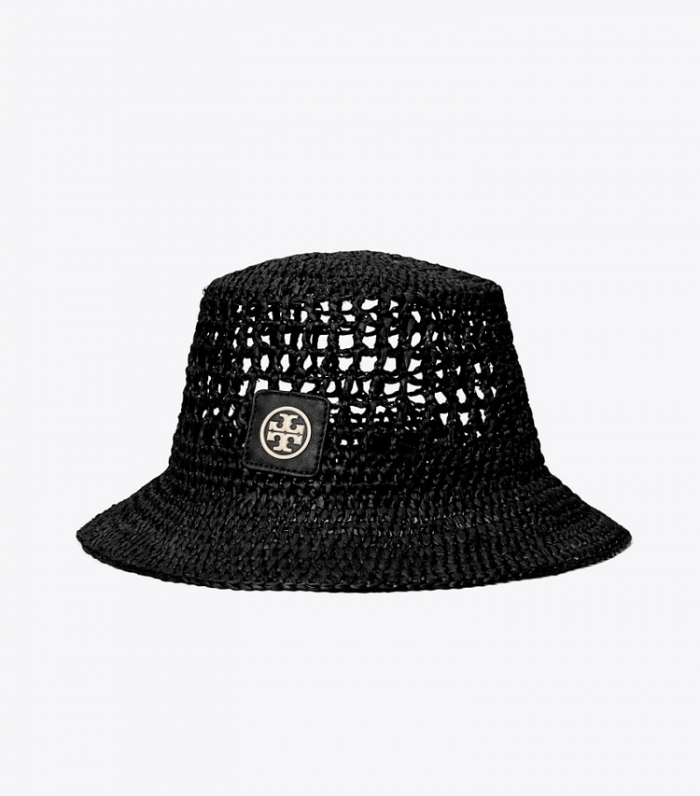 TORY BURCH RAFFIA BUCKET HAT - Black / Black | Free Shipping