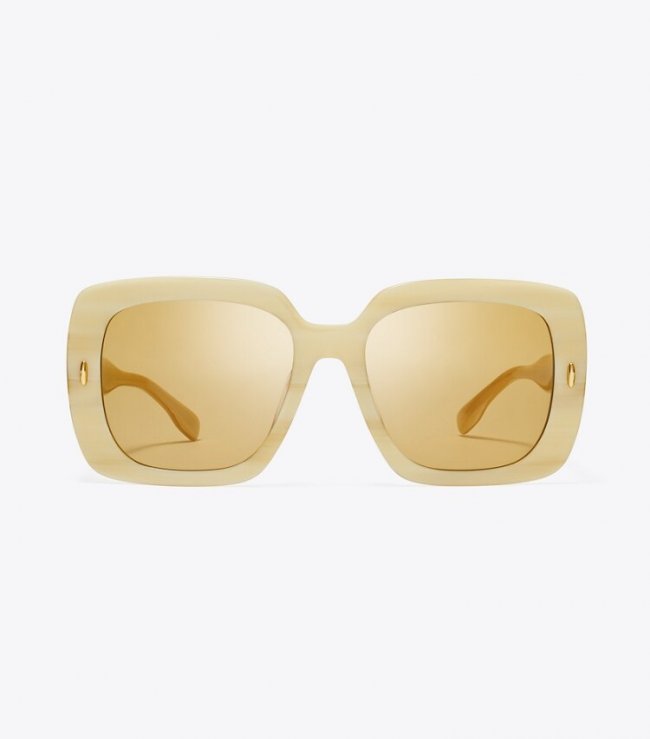 TORY BURCH MILLER OVERSIZED SQUARE SUNGLASSES - Ivory Horn/Ochre | Free Shipping