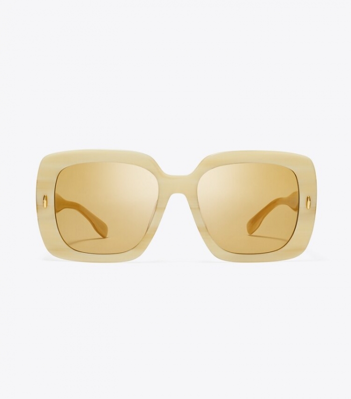 TORY BURCH MILLER OVERSIZED SQUARE SUNGLASSES - Ivory Horn/Ochre | Free Shipping