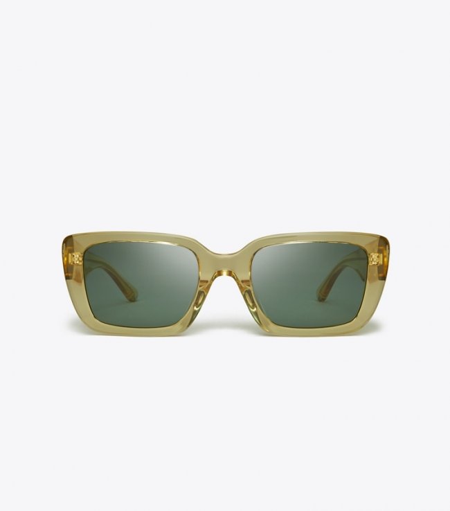 TORY BURCH MILLER RECTANGULAR SUNGLASSES - Transparent Yellow/Solid Green | Free Shipping