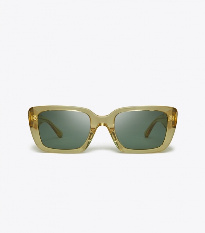 TORY BURCH MILLER RECTANGULAR SUNGLASSES - Transparent Yellow/Solid Green | Free Shipping