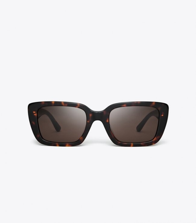 TORY BURCH MILLER RECTANGULAR SUNGLASSES - Dark Tortoise/ Solid Brown | Free Shipping