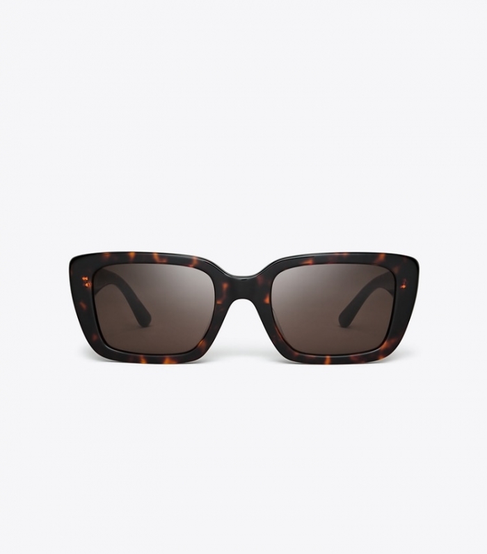 TORY BURCH MILLER RECTANGULAR SUNGLASSES - Dark Tortoise/ Solid Brown | Free Shipping