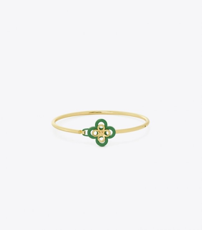 TORY BURCH KIRA CLOVER ENAMEL HINGE BRACELET - Tory Gold / Green | Free Shipping