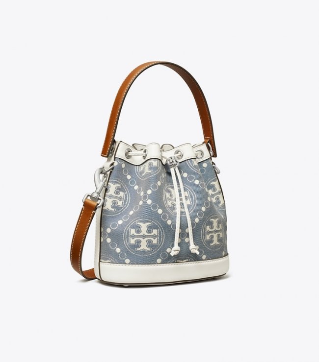 TORY BURCH T MONOGRAM DENIM BUCKET BAG - Pearl Blue | Free Shipping
