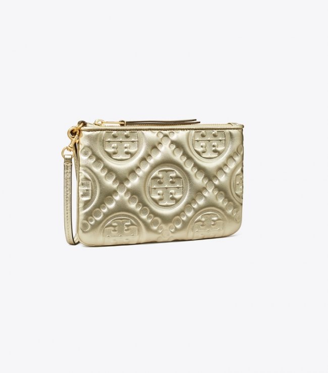 TORY BURCH T MONOGRAM EMBOSSED METALLIC POUCH - White Gold | Free Shipping