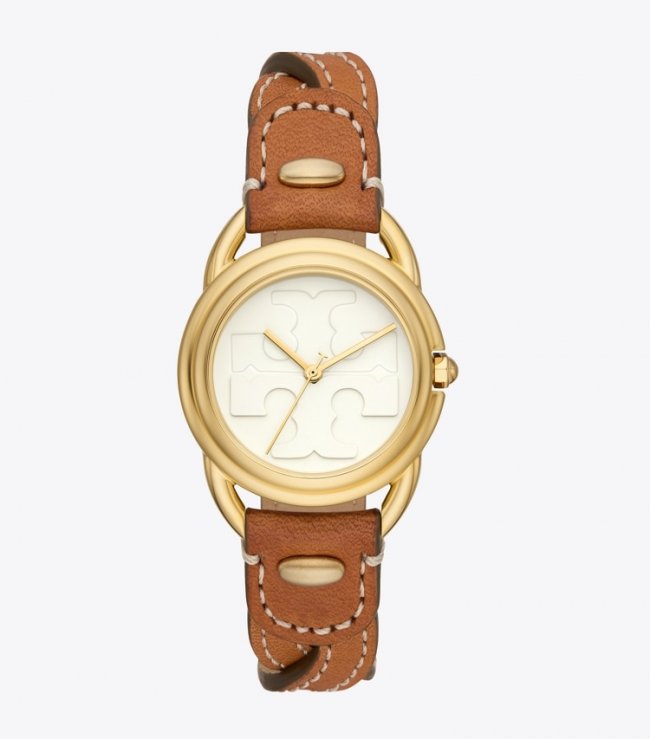 TORY BURCH MILLER WATCH, LEATHER/GOLD-TONE STAINLESS STEEL - Ivory/Cammello | Free Shipping
