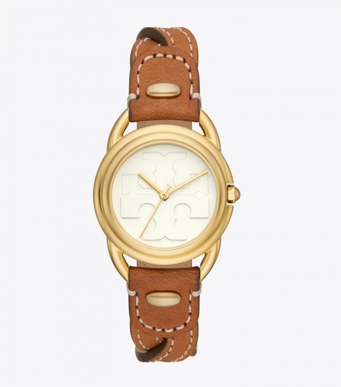TORY BURCH MILLER WATCH, LEATHER/GOLD-TONE STAINLESS STEEL - Ivory/Cammello | Free Shipping