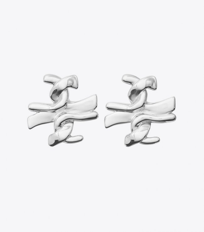 TORY BURCH TWISTED T STUD EARRING - Silver | Free Shipping