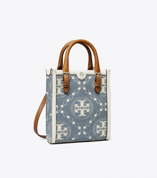 TORY BURCH MINI T MONOGRAM DENIM TOTE - Pearl Blue | Free Shipping