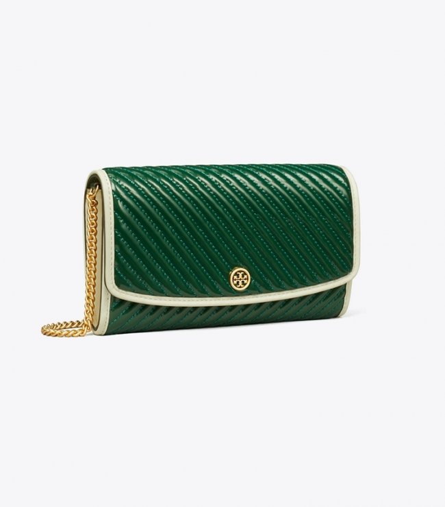 TORY BURCH ROBINSON PATENT QUILTED CHAIN WALLET - Pine Tree | Free Shipping