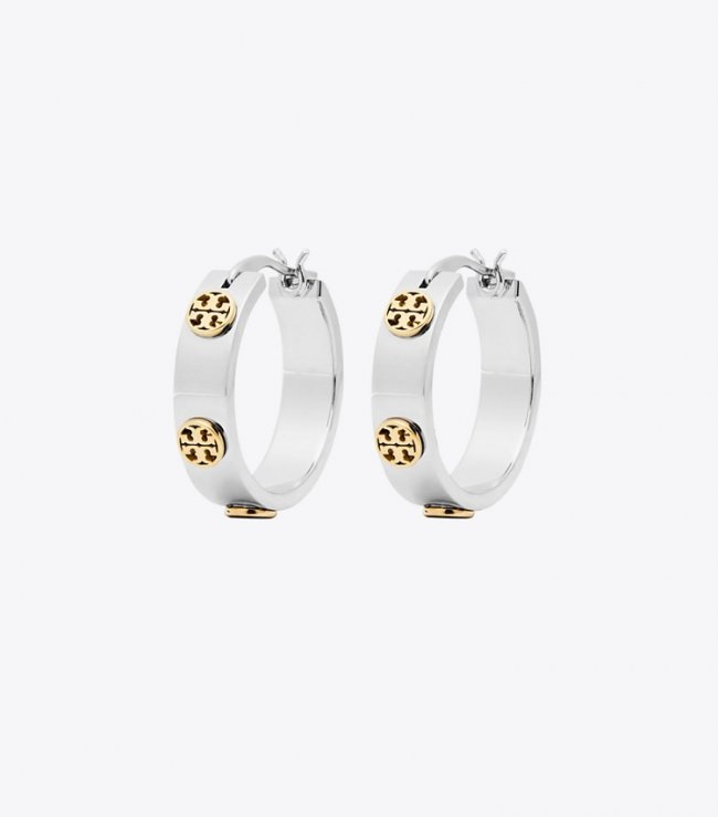 TORY BURCH SMALL MILLER STUD HUGGIE EARRING - Tory Silver / Tory Gold | Free Shipping