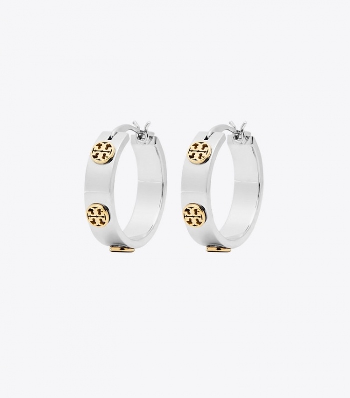 TORY BURCH SMALL MILLER STUD HUGGIE EARRING - Tory Silver / Tory Gold | Free Shipping
