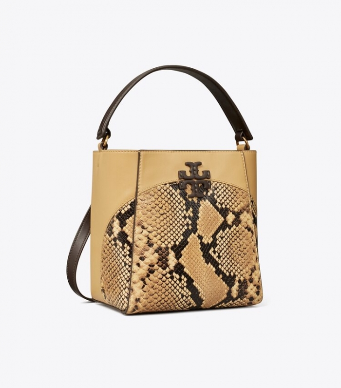 TORY BURCH SMALL MCGRAW SNAKE EMBOSSED BUCKET BAG - Sand Drift | Free Shipping