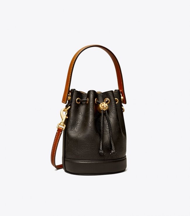 TORY BURCH MINI T MONOGRAM PERFORATED LEATHER BUCKET BAG - Black | Free Shipping