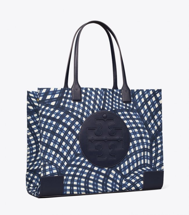 TORY BURCH ELLA PRINTED TOTE - Navy Warped Gingham | Free Shipping