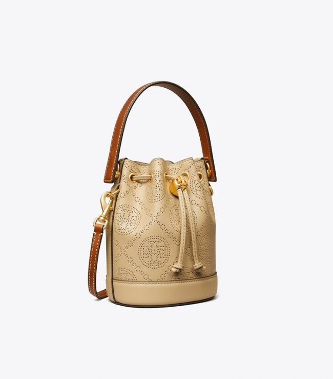 TORY BURCH MINI T MONOGRAM PERFORATED LEATHER BUCKET BAG - Almond Flour | Free Shipping