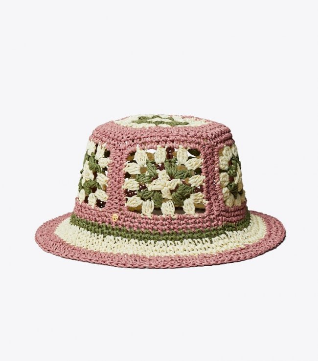 TORY BURCH STRAW CROCHET SHORT-BRIM BUCKET HAT - Pink Bold Flower | Free Shipping