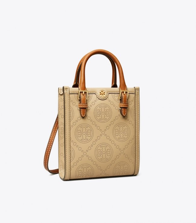 TORY BURCH MINI T MONOGRAM PERFORATED TOTE - Almond Flour | Free Shipping