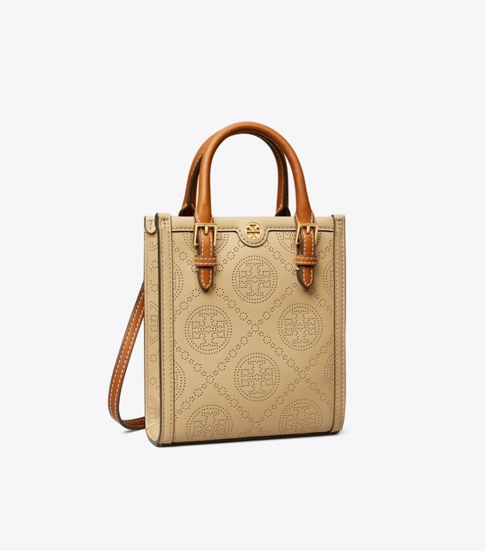 TORY BURCH MINI T MONOGRAM PERFORATED TOTE - Almond Flour | Free Shipping