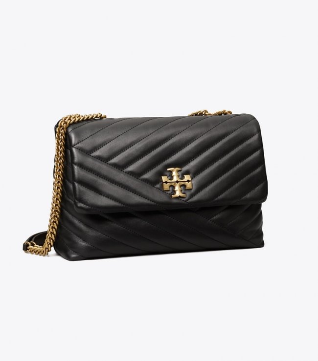 TORY BURCH KIRA CHEVRON CONVERTIBLE SHOULDER BAG - Black / Rolled Brass | Free Shipping