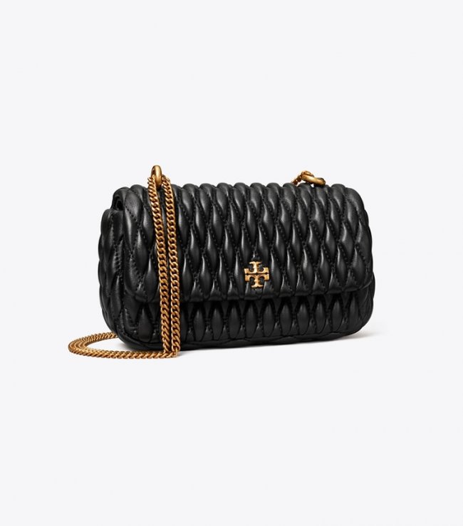TORY BURCH MINI KIRA RUCHED FLAP BAG - Black / Gold | Free Shipping
