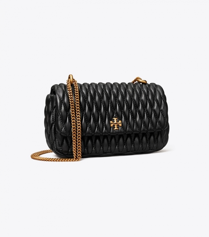 TORY BURCH MINI KIRA RUCHED FLAP BAG - Black / Gold | Free Shipping