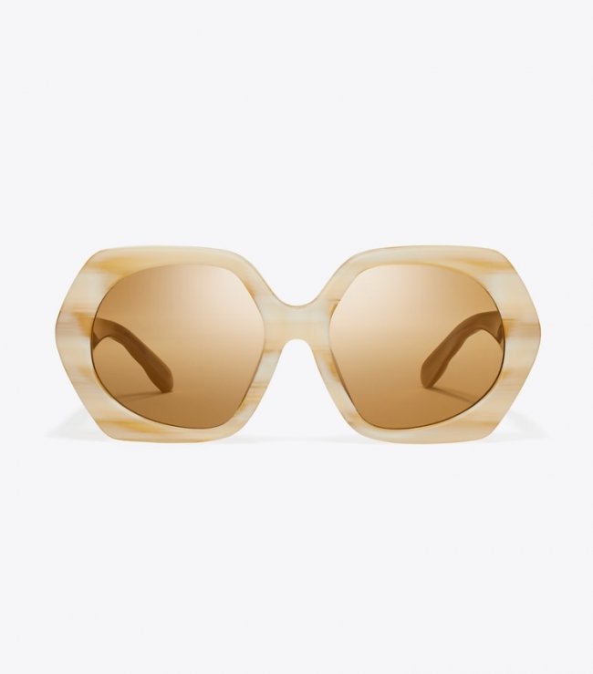TORY BURCH KIRA OVERSIZED GEOMETRIC SUNGLASSES - Ivory Horn/Ochre | Free Shipping