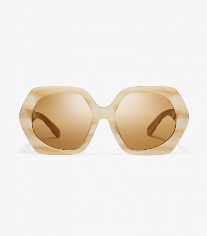 TORY BURCH KIRA OVERSIZED GEOMETRIC SUNGLASSES - Ivory Horn/Ochre | Free Shipping