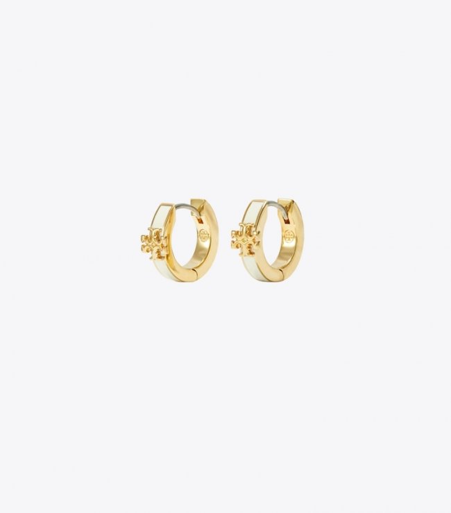 TORY BURCH KIRA ENAMEL HUGGIE EARRING - Tory Gold / New Ivory | Free Shipping