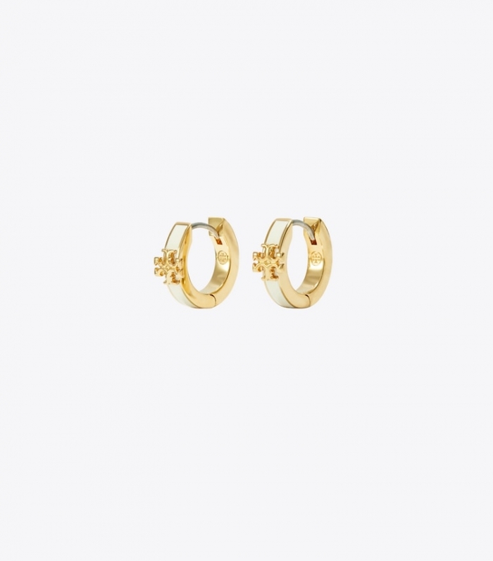 TORY BURCH KIRA ENAMEL HUGGIE EARRING - Tory Gold / New Ivory | Free Shipping