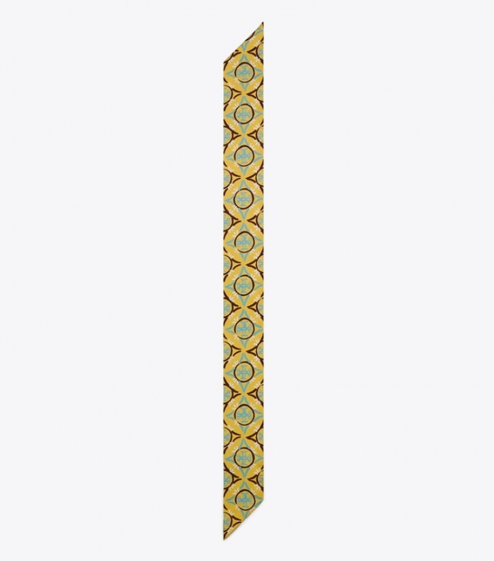 TORY BURCH MOSAIC MONOGRAM DOUBLE-SIDED SILK RIBBON TIE - Cornmeal | Free Shipping