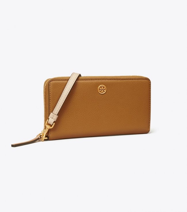 TORY BURCH ROBINSON PEBBLED ZIP CONTINENTAL WALLET - Tiger's Eye | Free Shipping