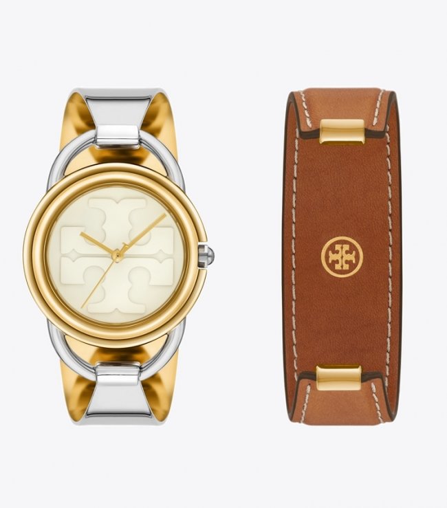 TORY BURCH MILLER WATCH GIFT SET, LEATHER/TWO-TONE STAINLESS STEEL - Ivory/Two-Tone/Gold/Luggage | Free Shipping